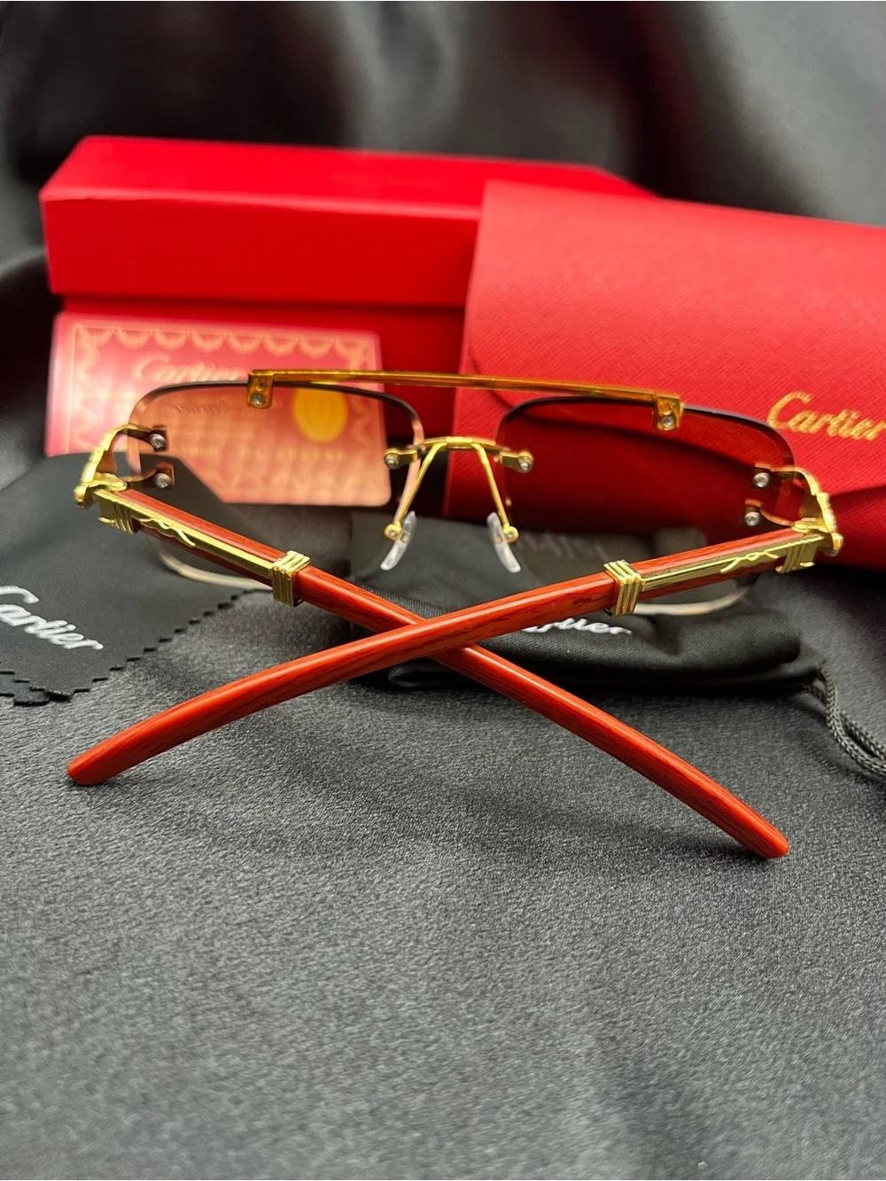 Cartier Men’s Rimless Sunglasses in Brown and Gold with Gray Lenses